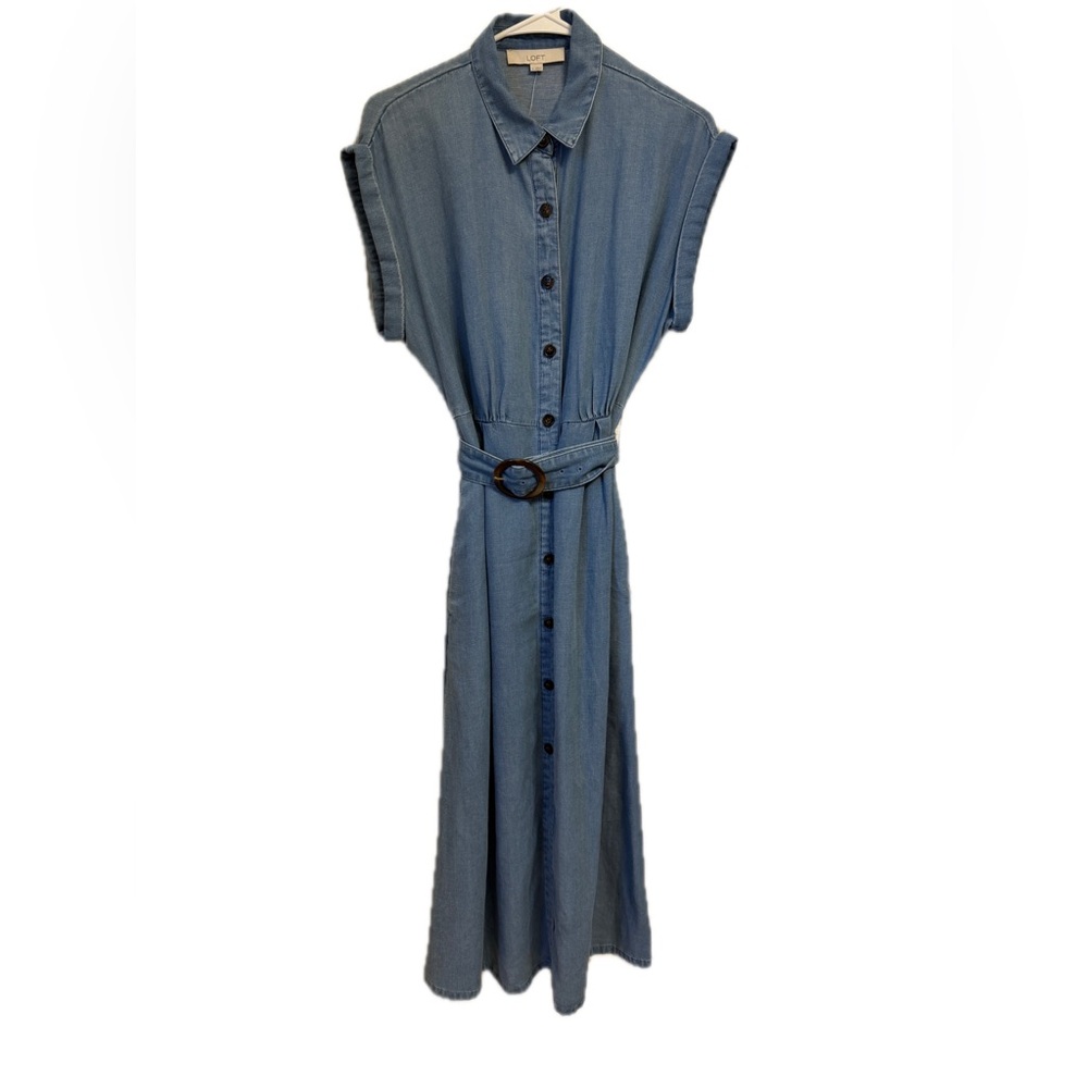 LOFT - Chambray Denim Button-Down Midi Pocket Shirtdress in Blue - Picture 3 of 4
